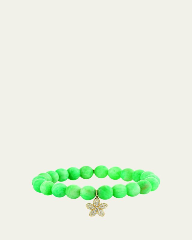 14K Yellow Gold Plumeria Charm and Russian Amazonite Bead Bracelet